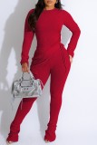 Red Casual Solid Frenulum O Neck Long Sleeve Two Pieces