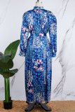 Blue Casual Print Patchwork Fold Turtleneck Long Sleeve Dresses