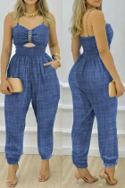 The cowboy blue Sexy Casual Solid Hollowed Out Chains Backless Spaghetti Strap Regular Jumpsuits