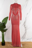 Red Sexy Patchwork Hot Drilling See-through Half A Turtleneck Long Dress Dresses
