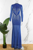 Blue Sexy Patchwork Hot Drilling See-through Half A Turtleneck Long Dress Dresses