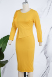 Yellow Casual Solid Patchwork O Neck Long Sleeve Dresses