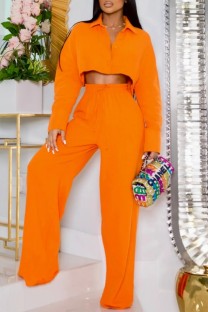 Orange Casual Solid Patchwork Turndown Collar Long Sleeve Two Pieces