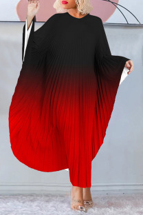 Black Red Casual Gradual Change Print Pleated O Neck Long Dress Dresses