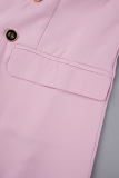 Pink Casual Solid Cardigan Pants Turn-back Collar Long Sleeve Two Pieces