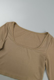 Brownness Casual Solid Hollowed Out U Neck Long Sleeve Two Pieces