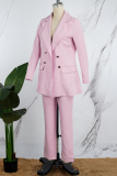 Pink Casual Solid Cardigan Pants Turn-back Collar Long Sleeve Two Pieces