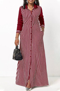 Red Casual Striped Print Patchwork Buckle Turndown Collar Shirt Dress Dresses