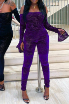 Purple Sexy Casual Solid Backless Off the Shoulder Skinny Jumpsuits