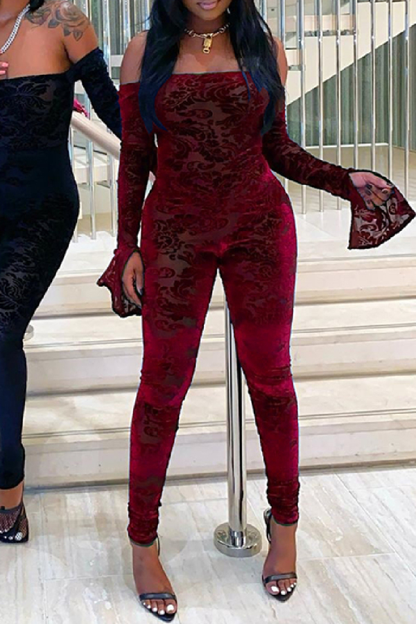 Burgundy Sexy Casual Solid Backless Off the Shoulder Skinny Jumpsuits