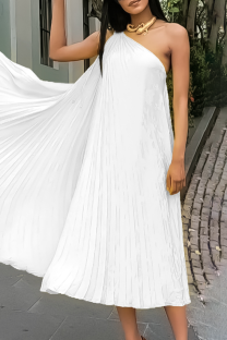 White Elegant Solid Patchwork Fold Oblique Collar A Line Dresses