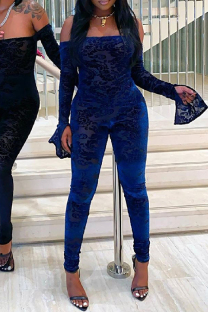Blue Sexy Casual Solid Backless Off the Shoulder Skinny Jumpsuits
