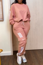 Nude Pink Casual Sportswear Daily Patchwork Plain Patchwork Draw String Pocket Pants O Neck Long Sleeve Two Pieces