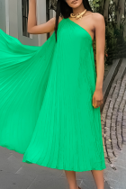 Green Elegant Solid Patchwork Fold Oblique Collar A Line Dresses