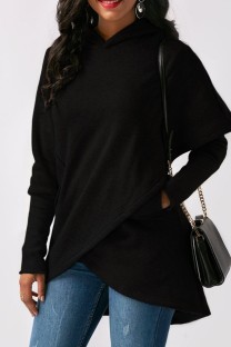 Black Casual Solid Patchwork Hooded Collar Plus Size Tops