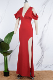 Red Sexy Formal Solid Slit V Neck Evening Dress Dresses