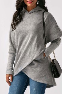 Grey Casual Solid Patchwork Hooded Collar Plus Size Tops