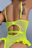 Fluorescent Green Sexy Solid Hollowed Out Patchwork Backless Lingerie