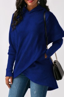 Blue Casual Solid Patchwork Hooded Collar Plus Size Tops