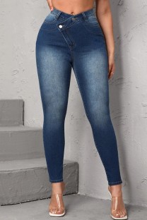 Deep Blue Casual Solid Patchwork High Waist Skinny Denim Jeans
