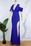Blue Sexy Formal Solid Slit V Neck Evening Dress Dresses