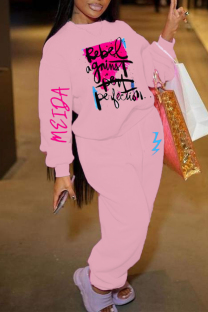 Pink Casual Letter Patchwork Pocket O Neck Long Sleeve Two Pieces