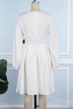 White Elegant Solid Patchwork Zipper O Neck A Line Dresses(With Belt)