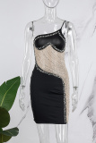 Black Sexy Patchwork Hot Drilling See-through Backless Oblique Collar Sling Dress Dresses