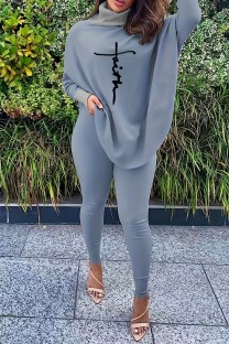 Light Gray Casual Print Basic Turtleneck Long Sleeve Two Pieces