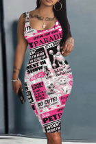 Powder White Casual Print Basic U Neck Vest Dress Dresses