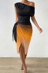 Orange Casual Gradual Change Print Frenulum Oblique Collar Printed Dress Dresses