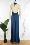 Blue Casual Print Bandage Backless Halter Long Dress Dresses