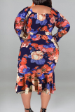 Rose Red Casual Street Print Patchwork With Belt U Neck Printed Dress Plus Size Dresses