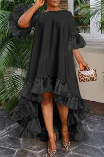 Black Casual Elegant Solid Patchwork Flounce O Neck Irregular Dress Dresses