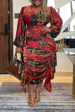 Red Casual Daily Elegant Mixed Printing Patchwork Flounce Printing Contrast V Neck Dresses