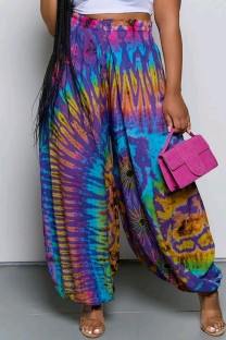 Blue Casual Print Basic Plus Size High Waist Trousers