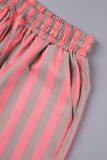 Pink Casual Striped Patchwork Pocket Buttons Turndown Collar Long Sleeve Two Pieces