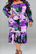 Purple Casual Street Print Patchwork With Belt U Neck Printed Dress Plus Size Dresses