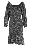 Black Fashion Casual Print Patchwork Square Collar Long Sleeve Dresses
