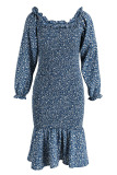 Blue Fashion Casual Print Patchwork Square Collar Long Sleeve Dresses