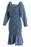 Blue Fashion Casual Print Patchwork Square Collar Long Sleeve Dresses