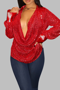 Red Sexy Casual Celebrities Solid Sequins Patchwork Fold V Neck Tops