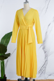 Yellow Casual Solid Frenulum Pleated V Neck Long Sleeve Dresses
