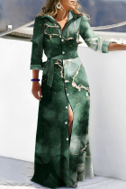 Green Elegant Plaid Geometric Striped Bandage Patchwork Buckle Printing Shirt Collar Printed Dress Dresses
