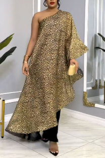 Leopard Print Casual Daily Celebrities Elegant Leopard Printing One Shoulder Regular Jumpsuits(bronzing)