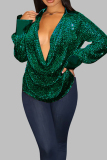 Green Sexy Casual Celebrities Solid Sequins Patchwork Fold V Neck Tops