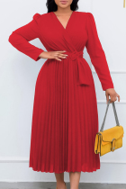 Red Casual Solid Frenulum Pleated V Neck Long Sleeve Dresses