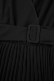 Black Casual Solid Frenulum Pleated V Neck Long Sleeve Dresses