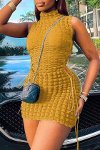 Yellow Sexy Solid Bandage Hollowed Out Patchwork Half A Turtleneck Pencil Skirt Dresses