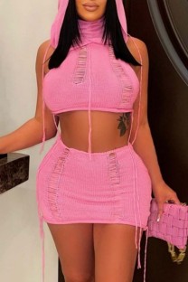 Pink Sexy Solid Ripped See-through Backless Hooded Collar Sleeveless Two Pieces